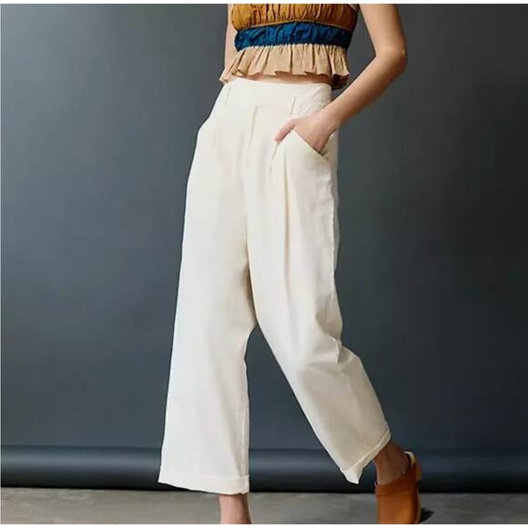 Maeve by Anthropologie Pleated Cropped Aston Pants Wide Leg in Ivory sz. 8 - Picture 11 of 11
